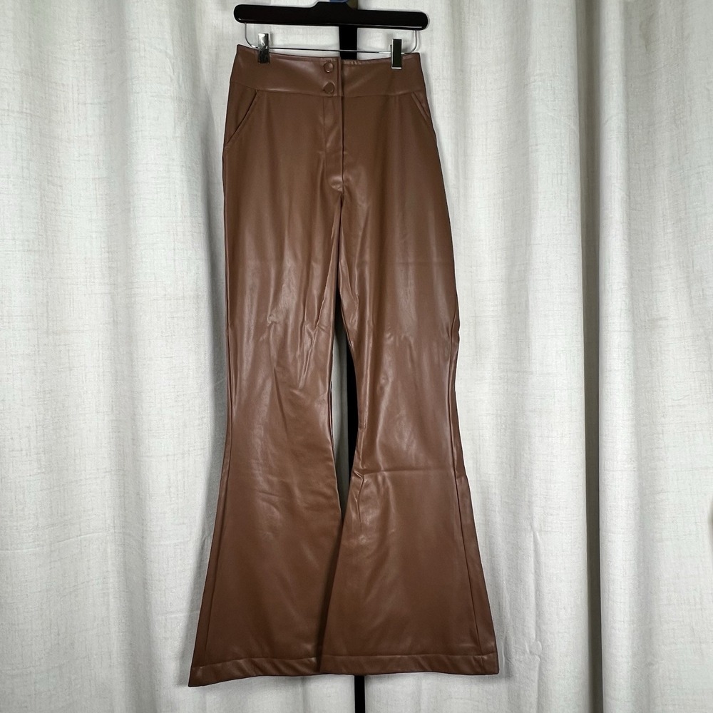 NEW! Samdan Adella Flare Vegan Leather Brown Pants Women's EU 38 US 25 Turkey